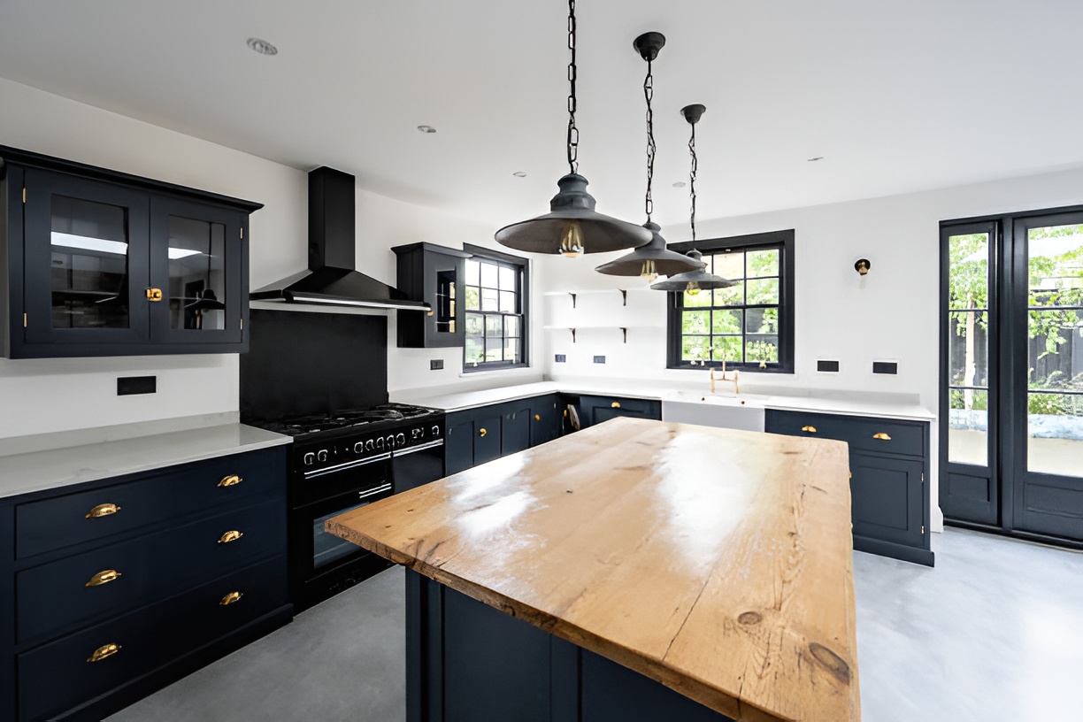 black and white kitchen with wood kitchen island