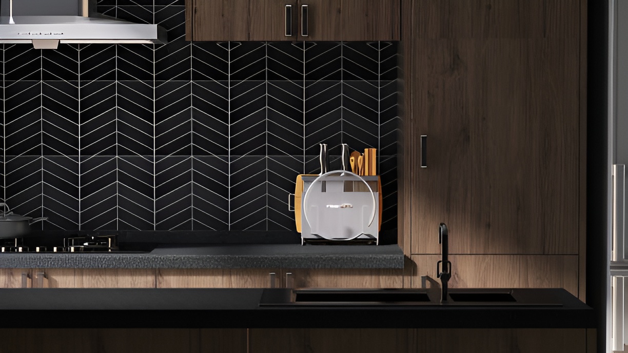 black and white kitchen with herringbone backsplash