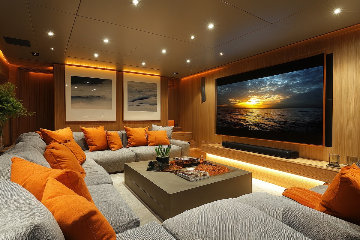 modern basement with a widescreen television
